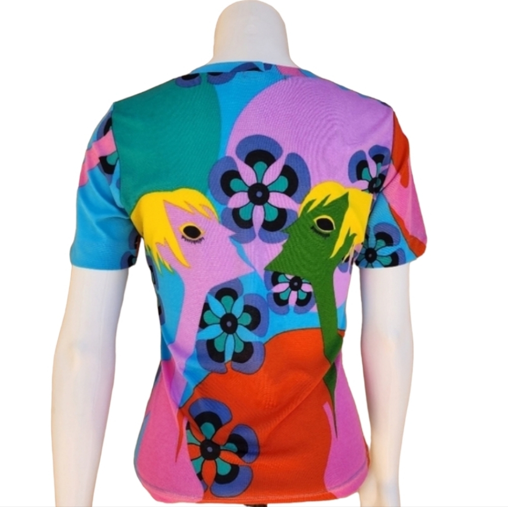 VINTAGE Floral Tee S Italy Paris Punk GoGo Retro Stretch Artsy Graphic - Picture 4 of 14